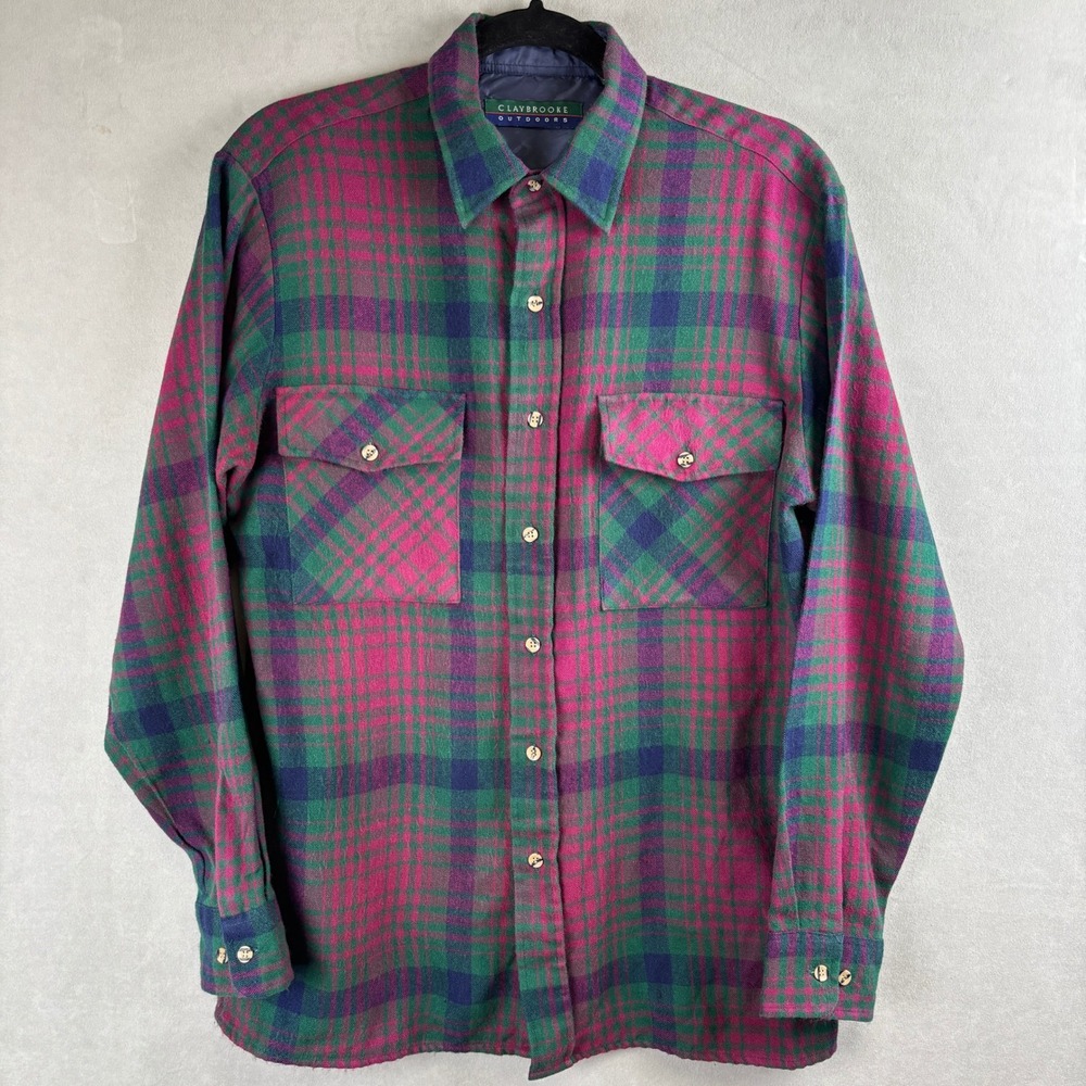 VTG Claybrooke Outdoors Mens M Plaid Button Down Shirt Magenta Green 90s Flannel